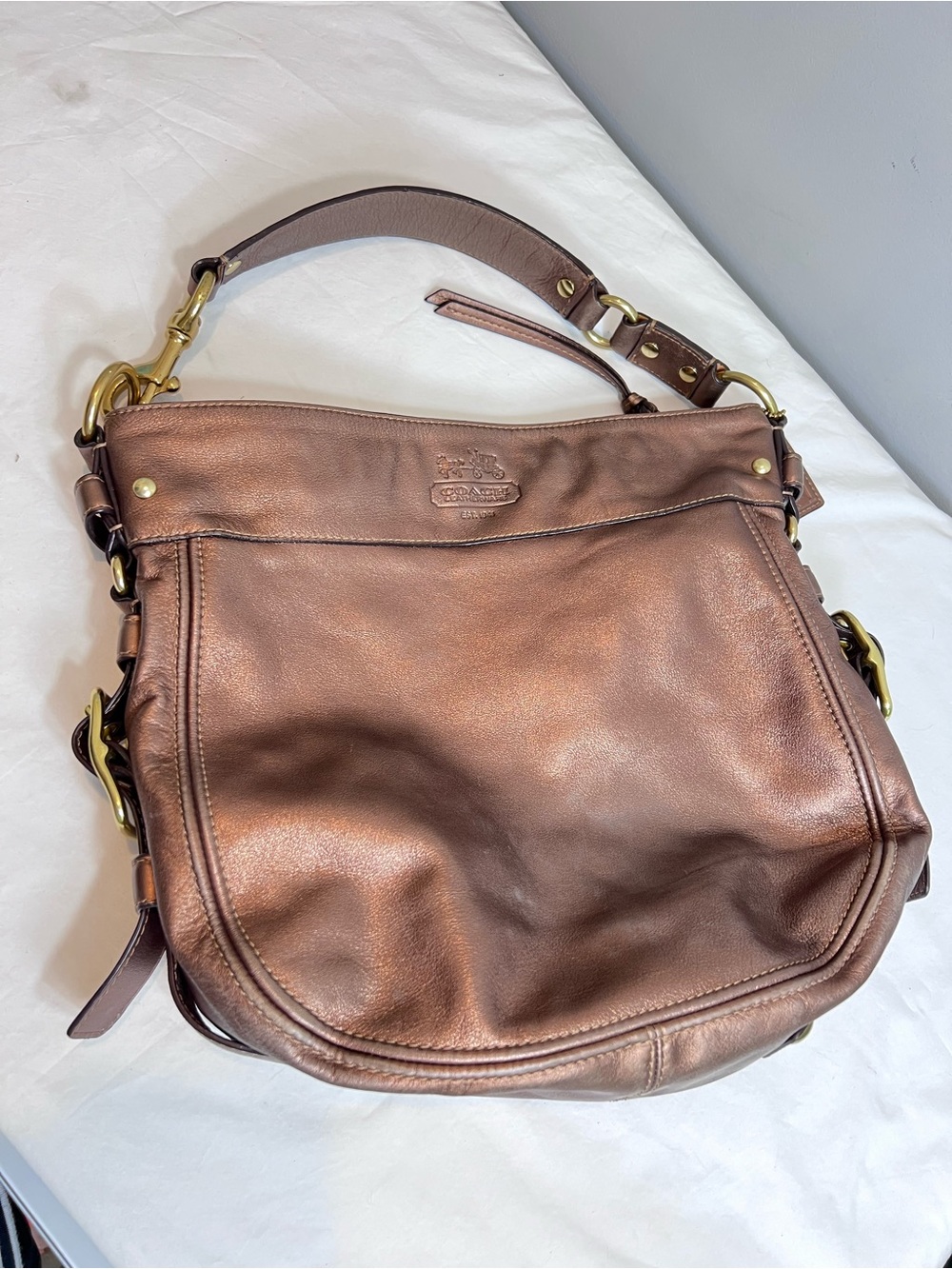 Coach Zoe bronze leather zip top shoulder bag purse handbag